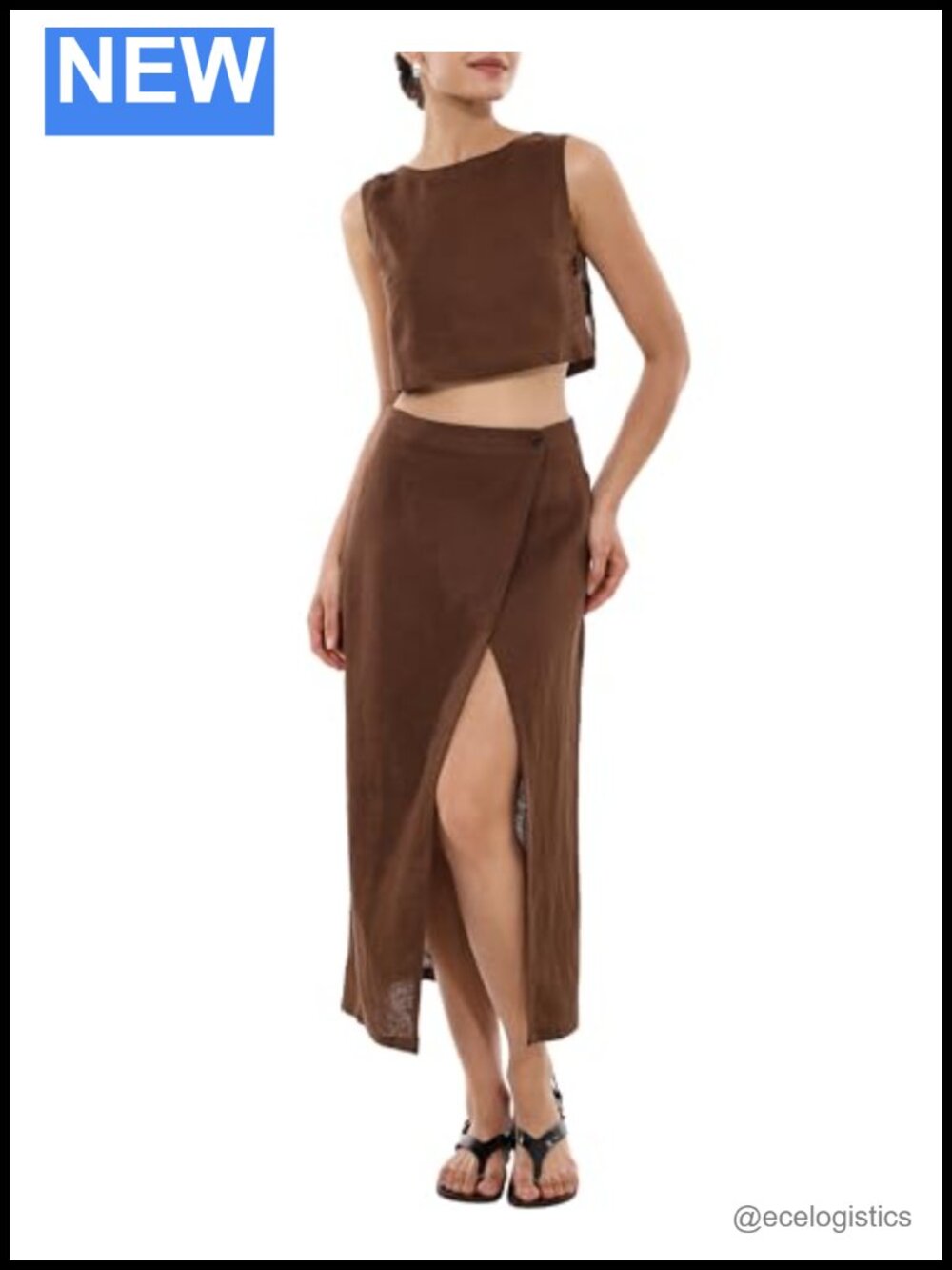 Two Piece Skirt Set 100% Linen Sleeveless Crop Top & Midi High Slit Summer